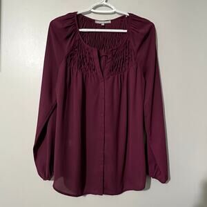Daniel Rainn Burgundy Blouse Size M Long Sleeve Button Front Top Lightweight